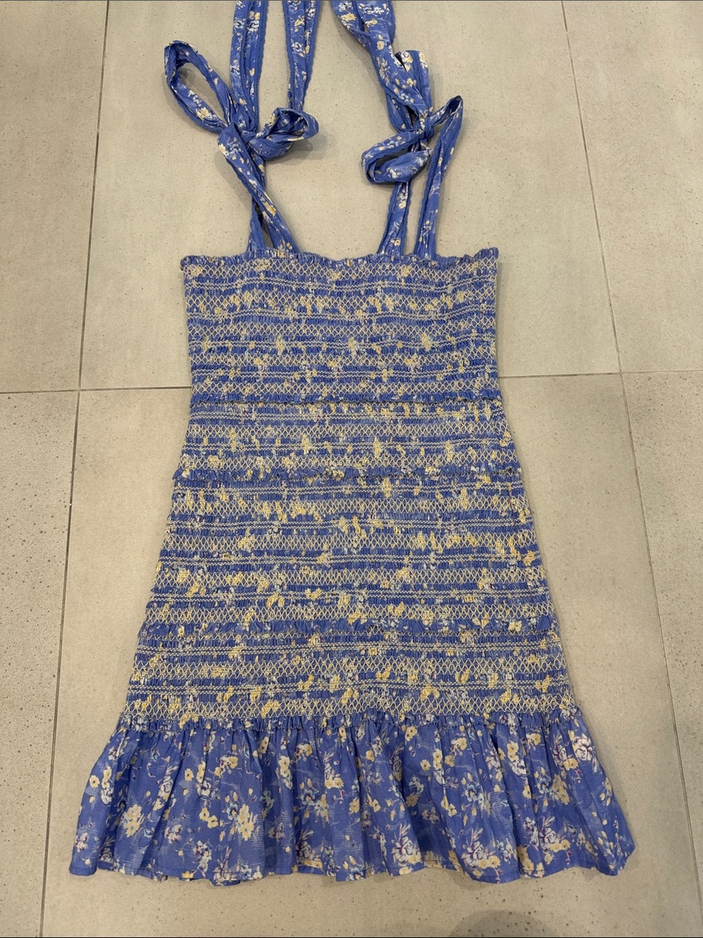 LoveShackFancy Blue Floral Smocked Mini Dress with Tie Straps